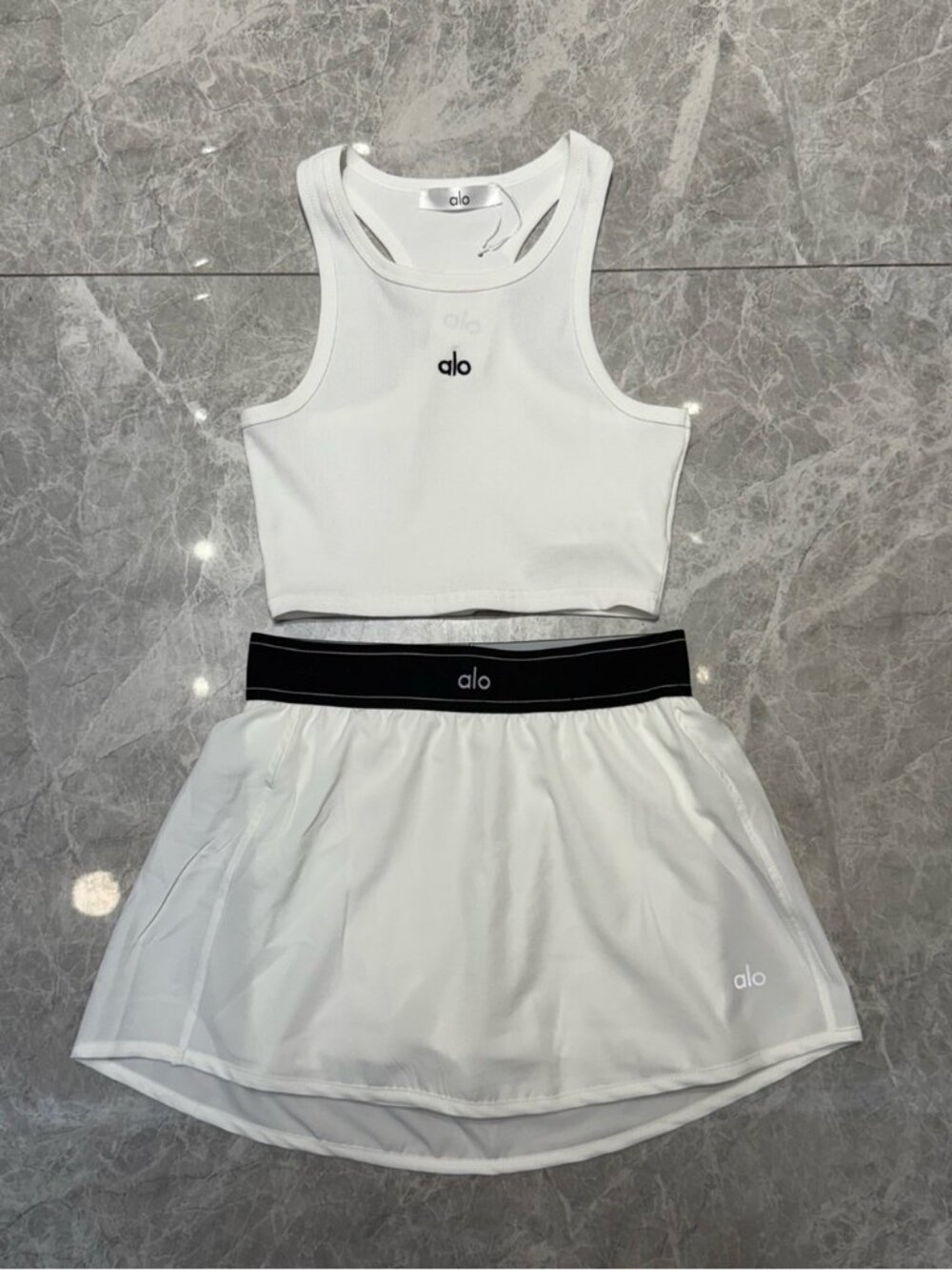 ALO Yoga White Crop Tank and White Skort with Black Waistband